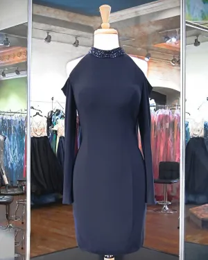 Sexy Navy Blue Sheath Cocktail Dresses 2018 Halter Beaded Short Prom Party Gowns with Full Sleeve