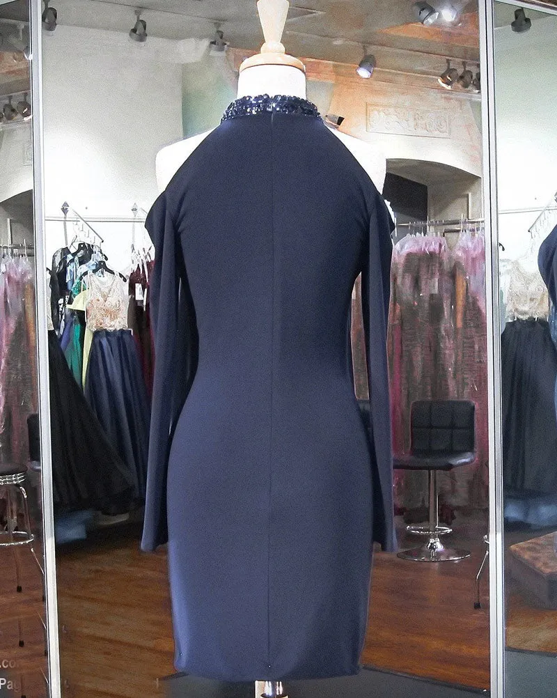 Sexy Navy Blue Sheath Cocktail Dresses 2018 Halter Beaded Short Prom Party Gowns with Full Sleeve