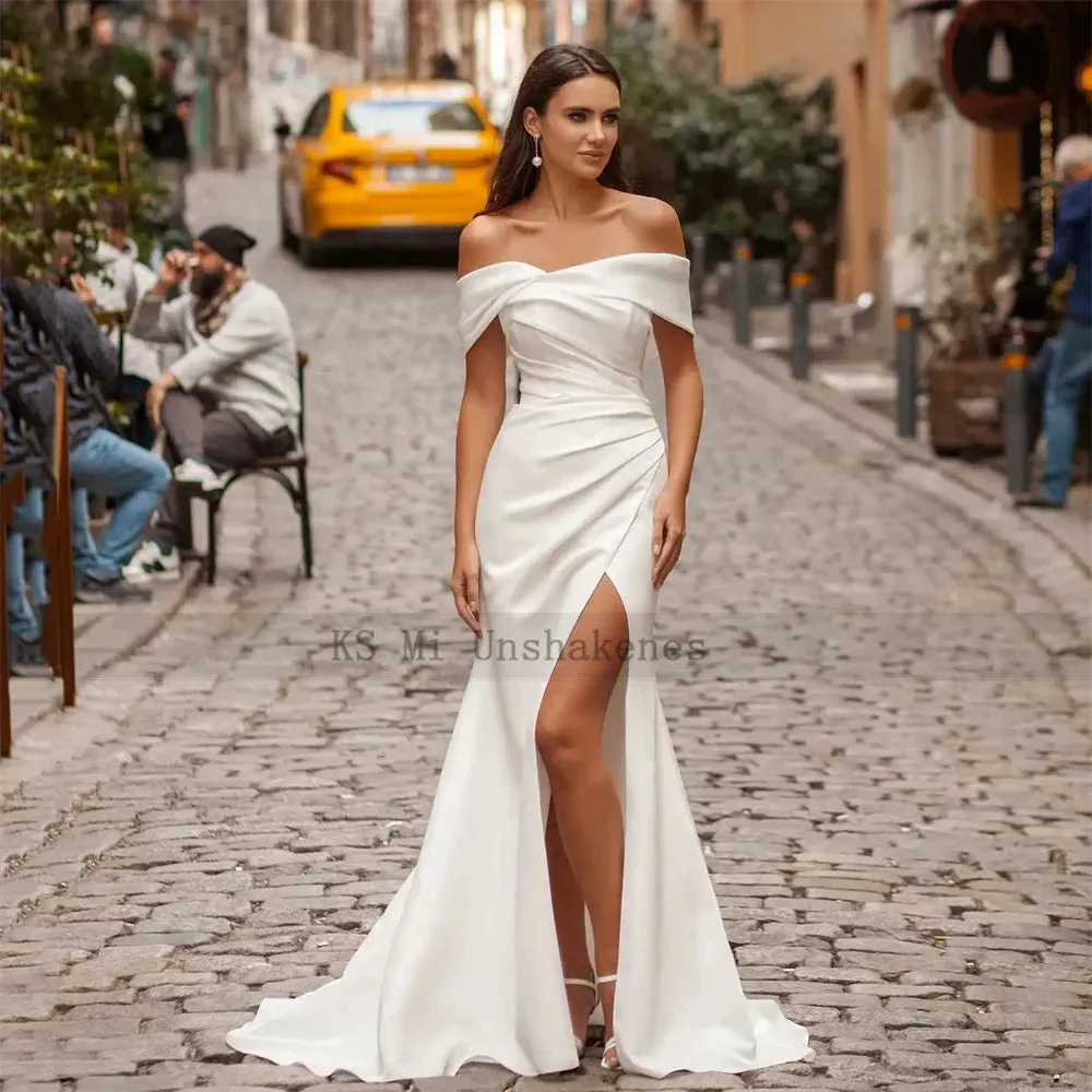 Sexy Off Shoulder Beach Wedding Dresses 2025 Satin Sheath Bridal Dress Mermaid Detachable Train Wedding Gowns Plus Size Split