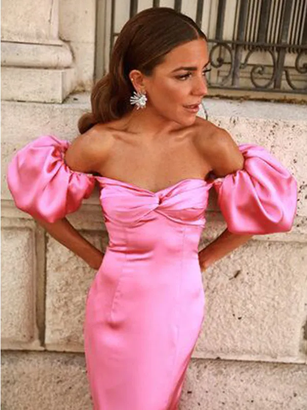 Sexy Off-shoulder Sleeveless Mermaid Satin Evening Prom Dresses Online, OLP856