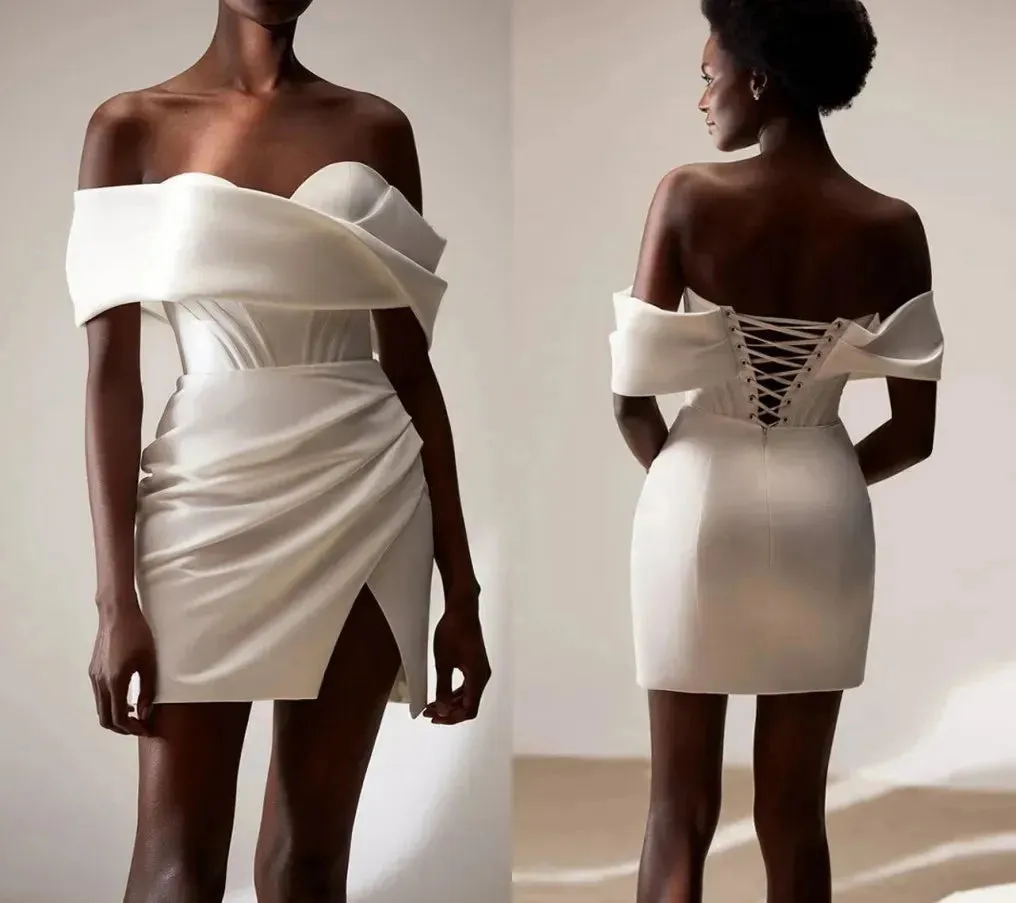 Sexy Off the Shoulder Short Wedding Party Dresses Sleeves Mini Modern Bride Party Gowns Robe de marriage Formal Dress