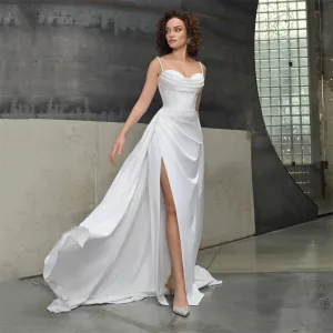Sexy Satin Wedding Dress OverSkirt Sheath Bridal Dresses 2024 Spaghetti Beads Straps Pleated Split Side Wedding Gowns Vestidos