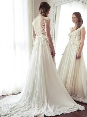 Sexy See Through Cap Sleeve A-line Chiffon Beach Wedding Dresses Online, WDY0221