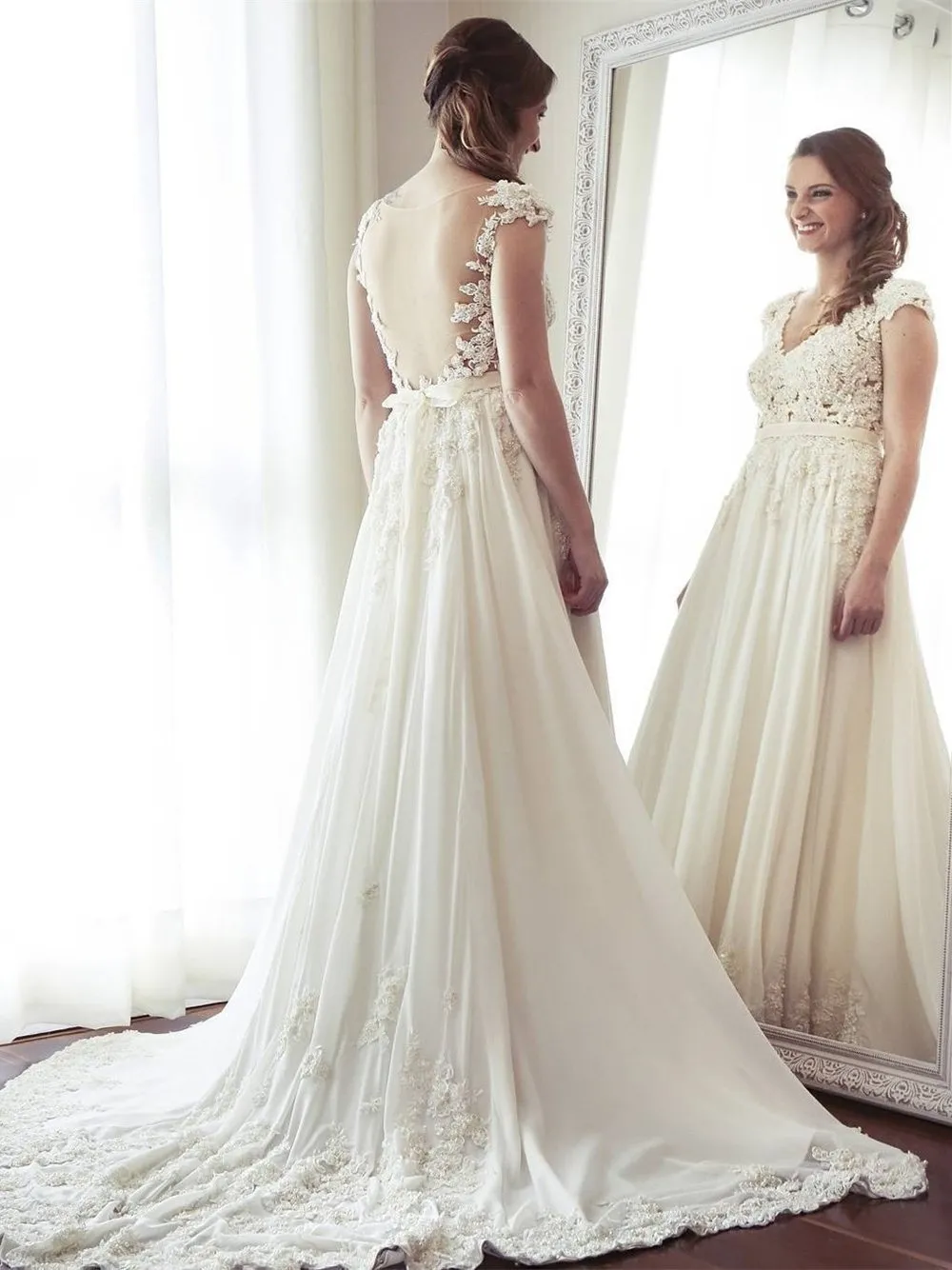 Sexy See Through Cap Sleeve A-line Chiffon Beach Wedding Dresses Online, WDY0221