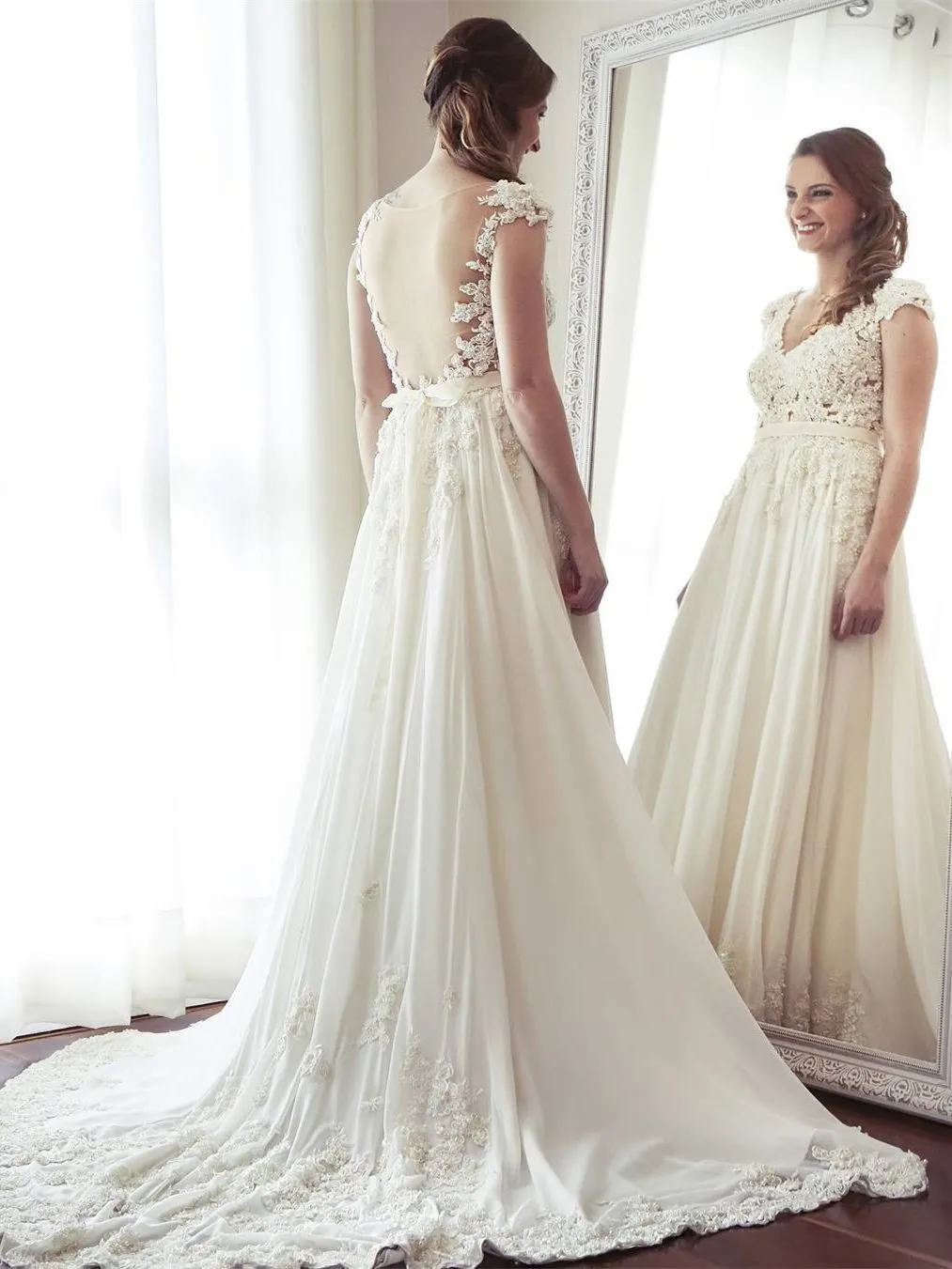 Sexy See Through Cap Sleeve A-line Chiffon Beach Wedding Dresses Online, WDY0221
