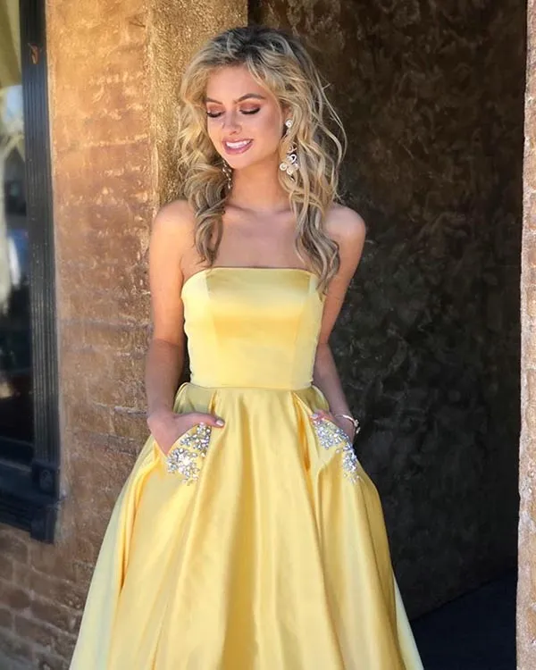 Sexy Strapless Prom Dresses with Pocket Fashion 2018 Navy Blue Satin Prom Dress Party Gowns