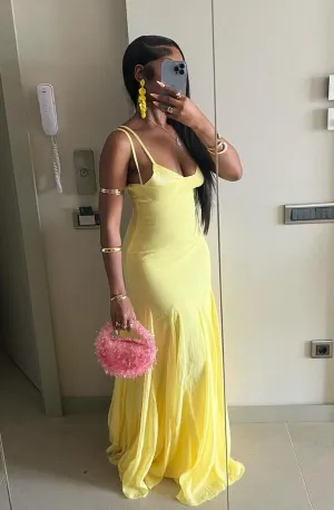 Sexy Yellow Spaghetti Straps Sheath Long Party Dress Wedding Guest Dress, D645