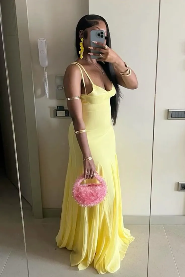 Sexy Yellow Spaghetti Straps Sheath Long Party Dress Wedding Guest Dress, D645