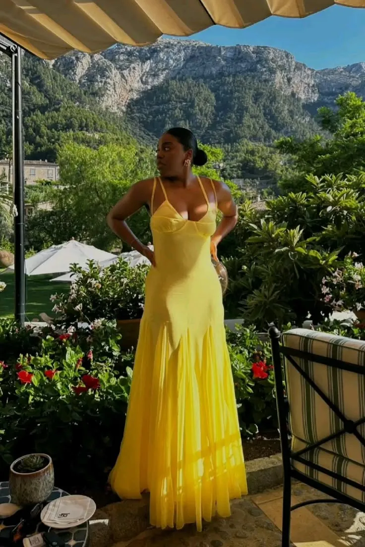 Sexy Yellow Spaghetti Straps Sheath Long Party Dress Wedding Guest Dress, D645