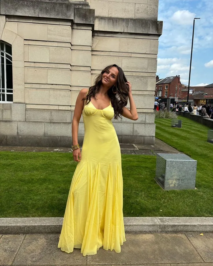 Sexy Yellow Spaghetti Straps Sheath Long Party Dress Wedding Guest Dress, D645