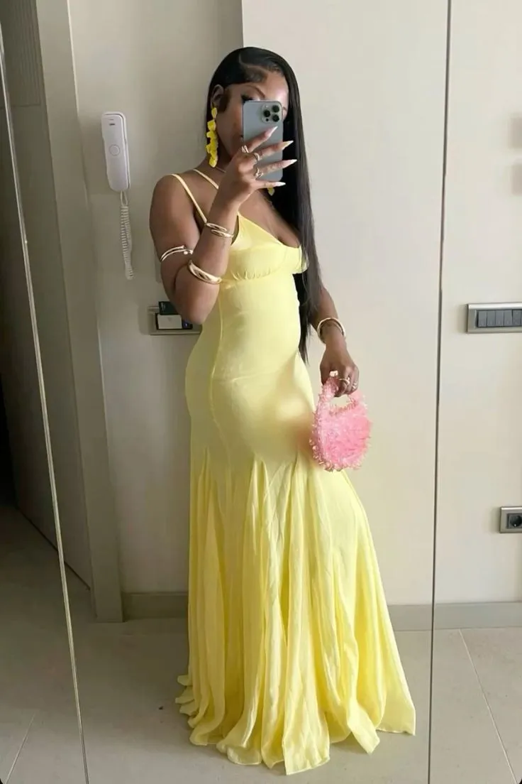 Sexy Yellow Spaghetti Straps Sheath Long Party Dress Wedding Guest Dress, D645