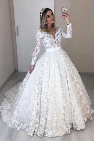 Sheer Lace Wedding Dresses Ball Gown with Long Sleeves