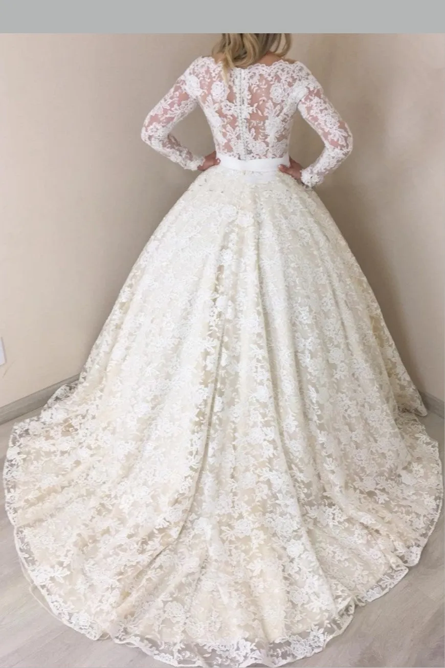 Sheer Lace Wedding Dresses Ball Gown with Long Sleeves