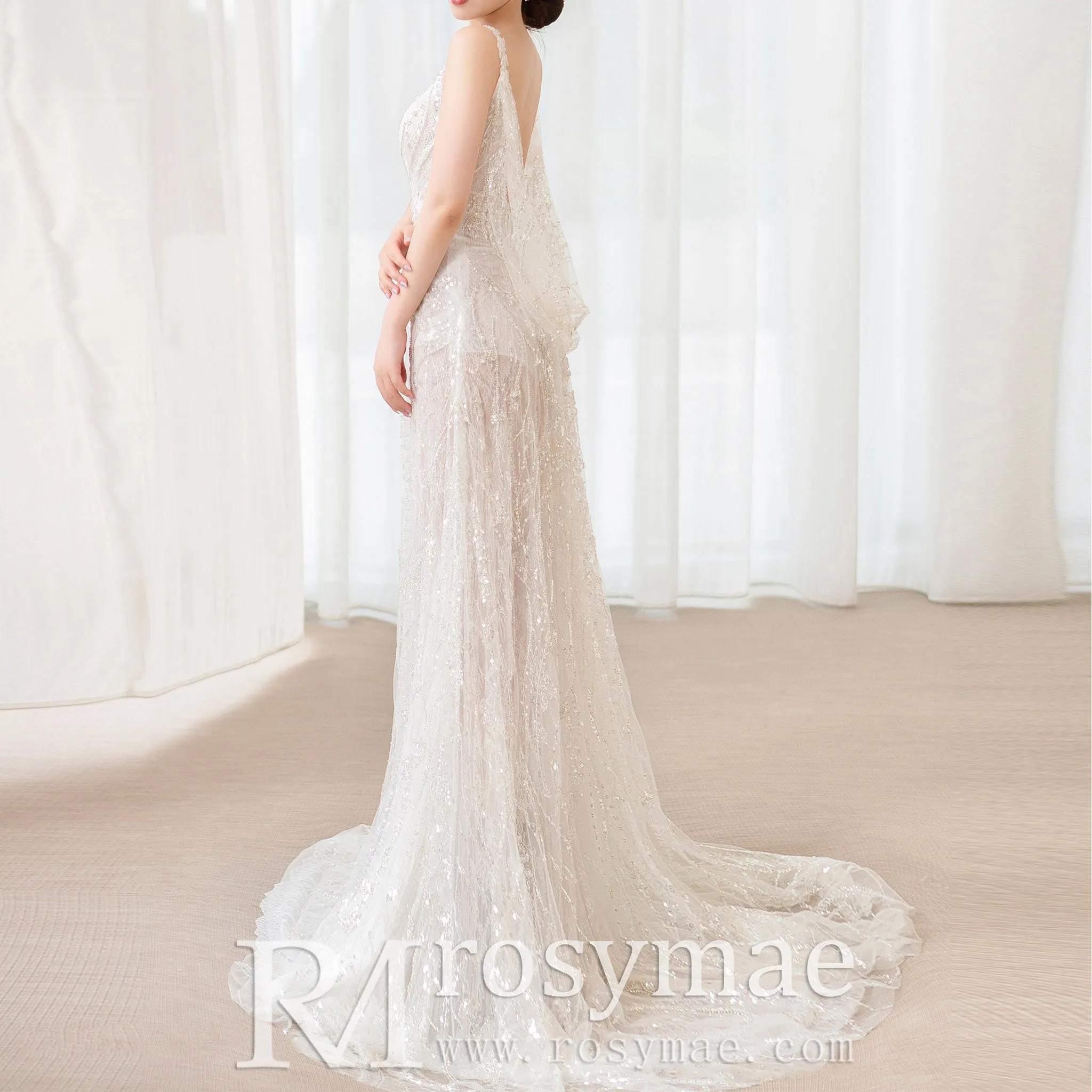 Sheer Sparkly V-Neck Lace Sheath Wedding Dress with Open Back