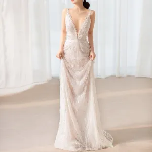 Sheer Sparkly V-Neck Lace Sheath Wedding Dress with Open Back