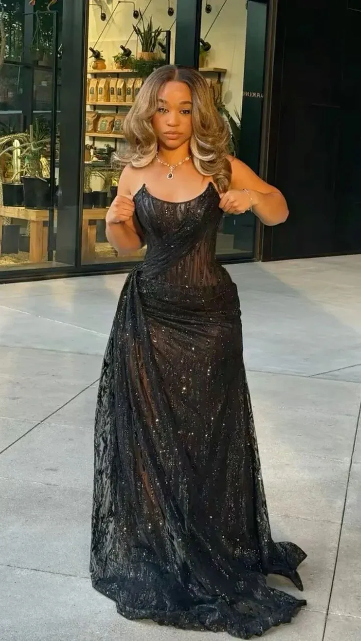 Shiny Black Strapless Sheath Long Party Dress Sexy Evening Party Dress, D637