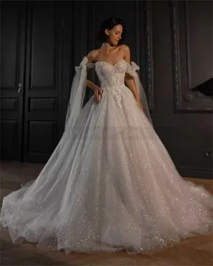 Shiny Glitter Tulle Wedding Dresses Vintage Boho Bride Gowns Lace Beads Off Shoulder Princess Wedding Gowns Vestidos Novia