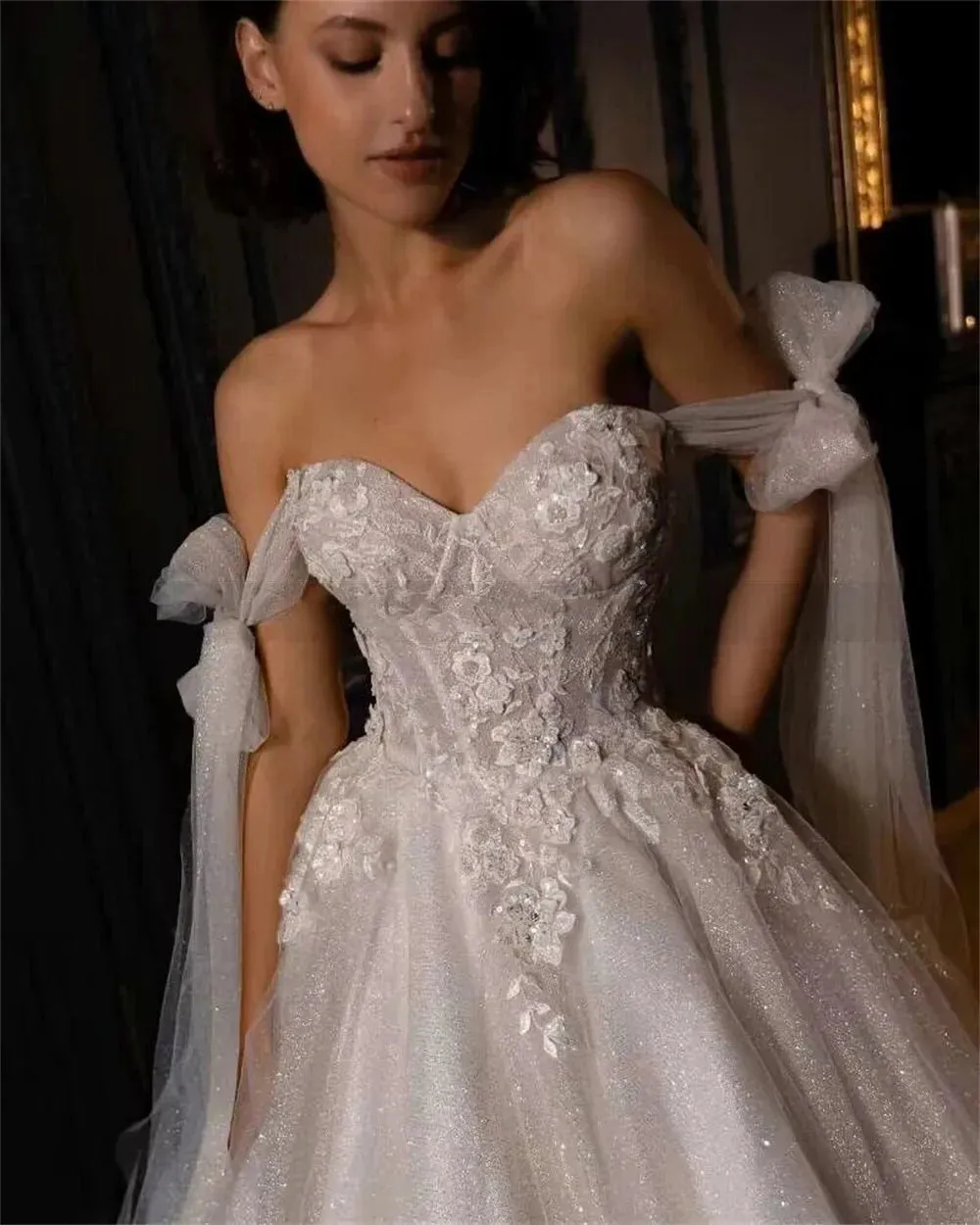 Shiny Glitter Tulle Wedding Dresses Vintage Boho Bride Gowns Lace Beads Off Shoulder Princess Wedding Gowns Vestidos Novia