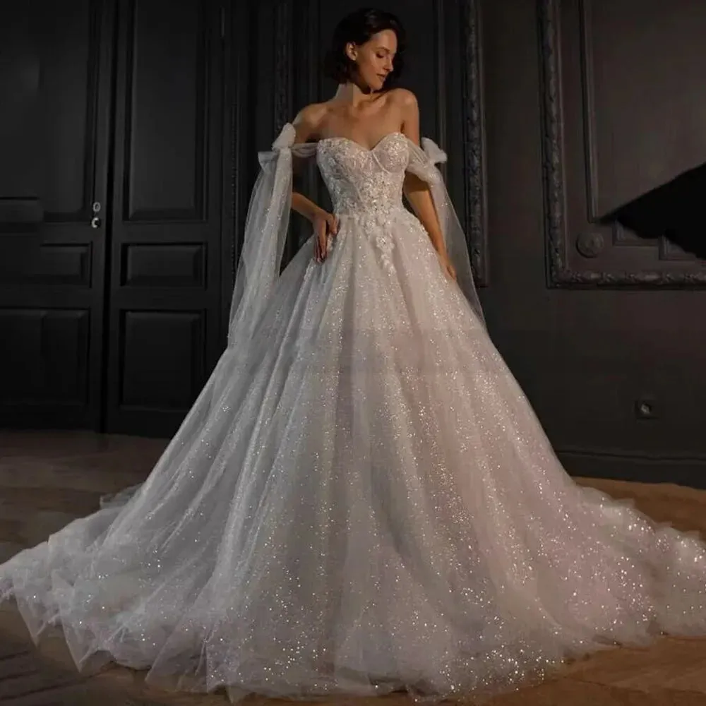 Shiny Glitter Tulle Wedding Dresses Vintage Boho Bride Gowns Lace Beads Off Shoulder Princess Wedding Gowns Vestidos Novia