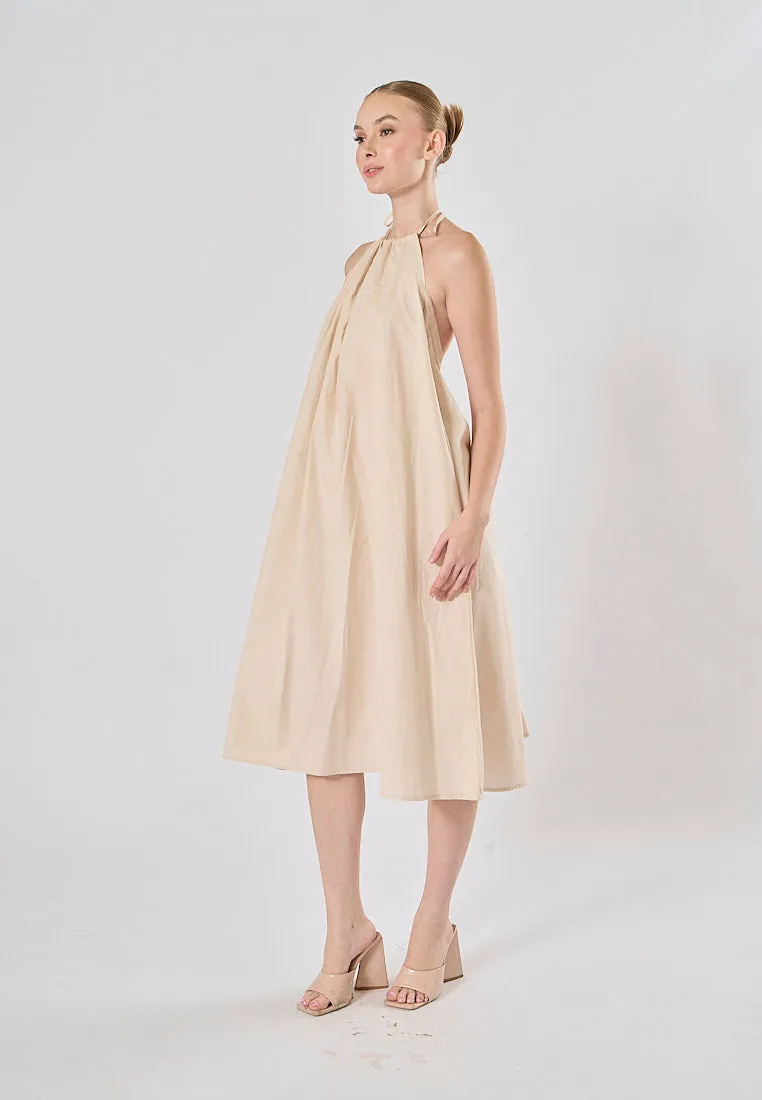 Shizuku Off White Linen Sleeveless Halter Self Tie Open Back Midi Dress