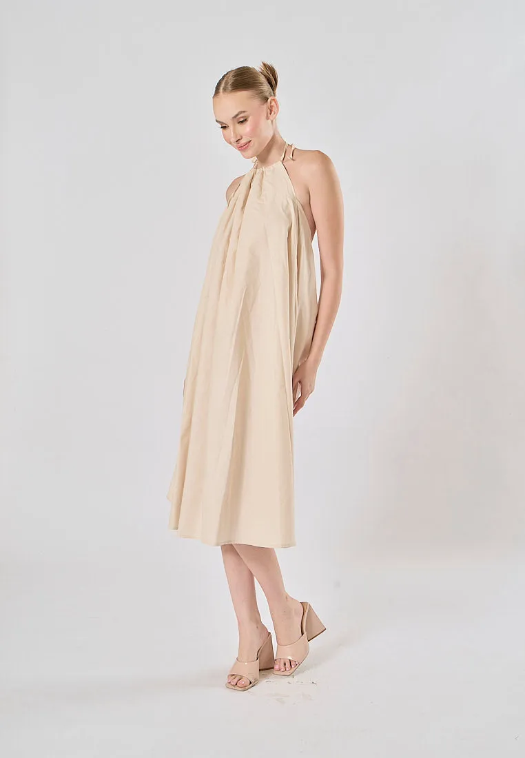 Shizuku Off White Linen Sleeveless Halter Self Tie Open Back Midi Dress