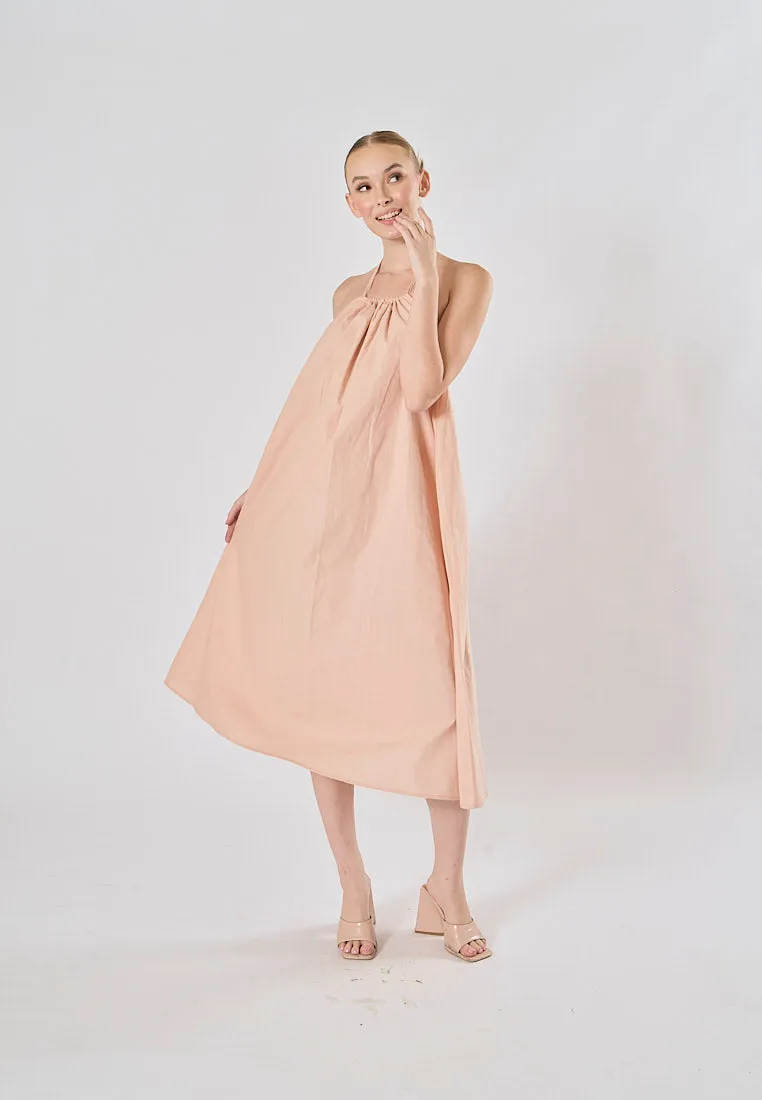 Shizuku Pink Linen Sleeveless Halter Self Tie Open Back Midi Dress