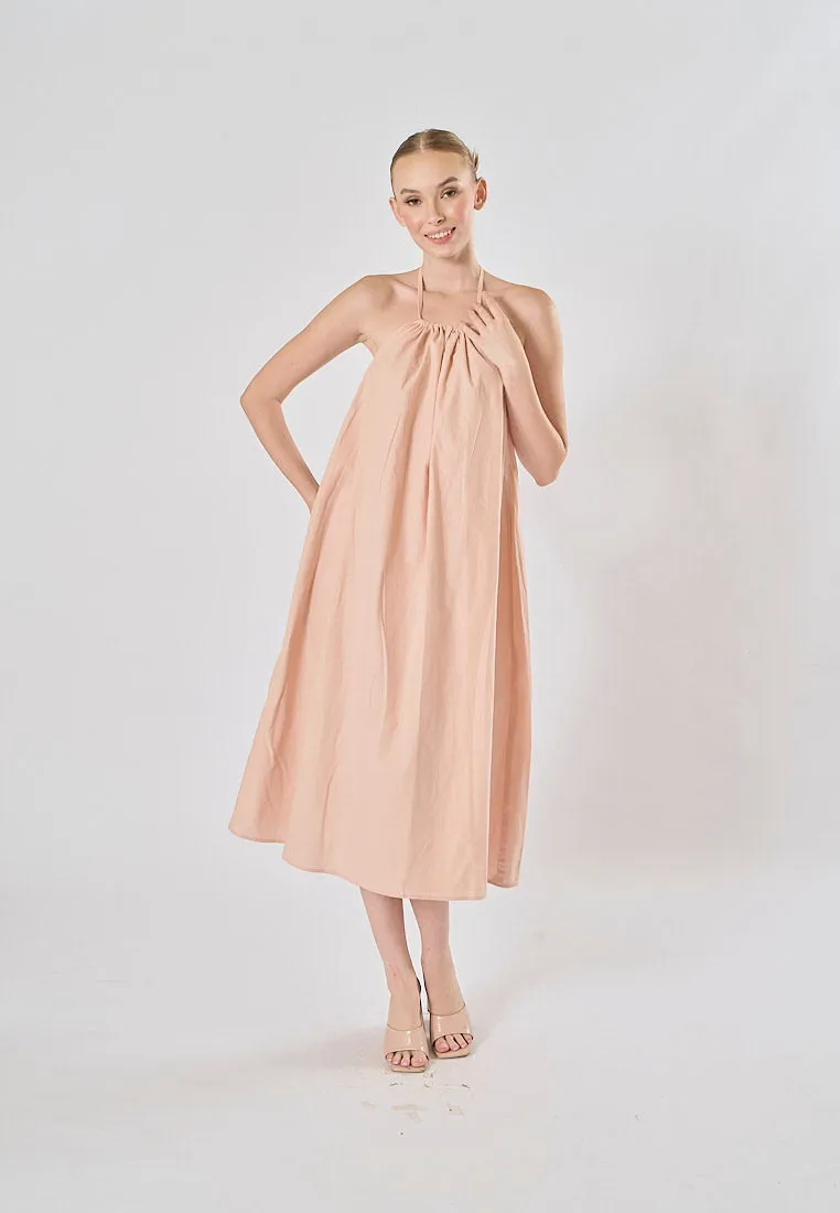 Shizuku Pink Linen Sleeveless Halter Self Tie Open Back Midi Dress