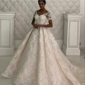 short sleeve wedding dresses ball gown lace applique boho sparkly champagne wedding gown vestido de noiva