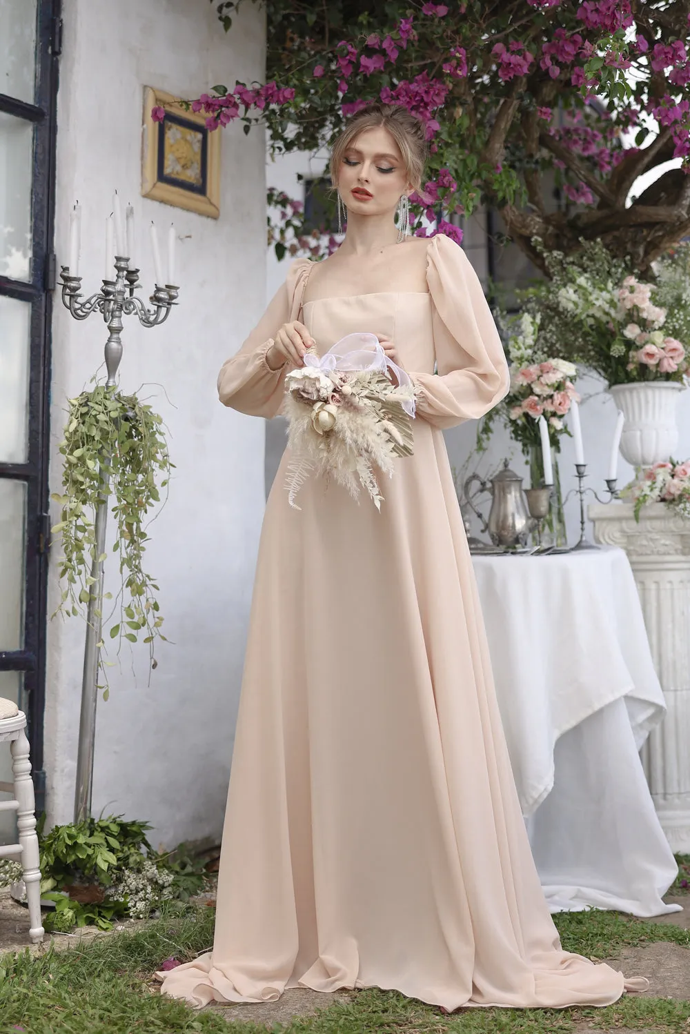 SIENNA Full Sleeve Chiffon Maxi Dress with Trail and Covered Button Back Detail (Beige Chiffon)