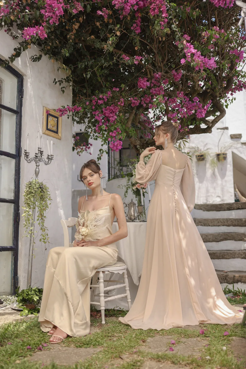 SIENNA Full Sleeve Chiffon Maxi Dress with Trail and Covered Button Back Detail (Beige Chiffon)