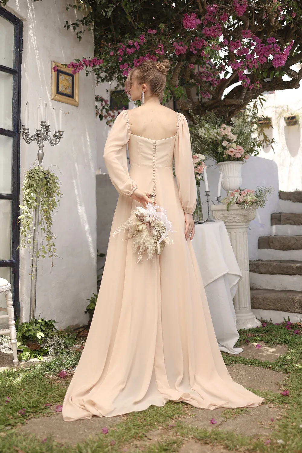 SIENNA Full Sleeve Chiffon Maxi Dress with Trail and Covered Button Back Detail (Beige Chiffon)