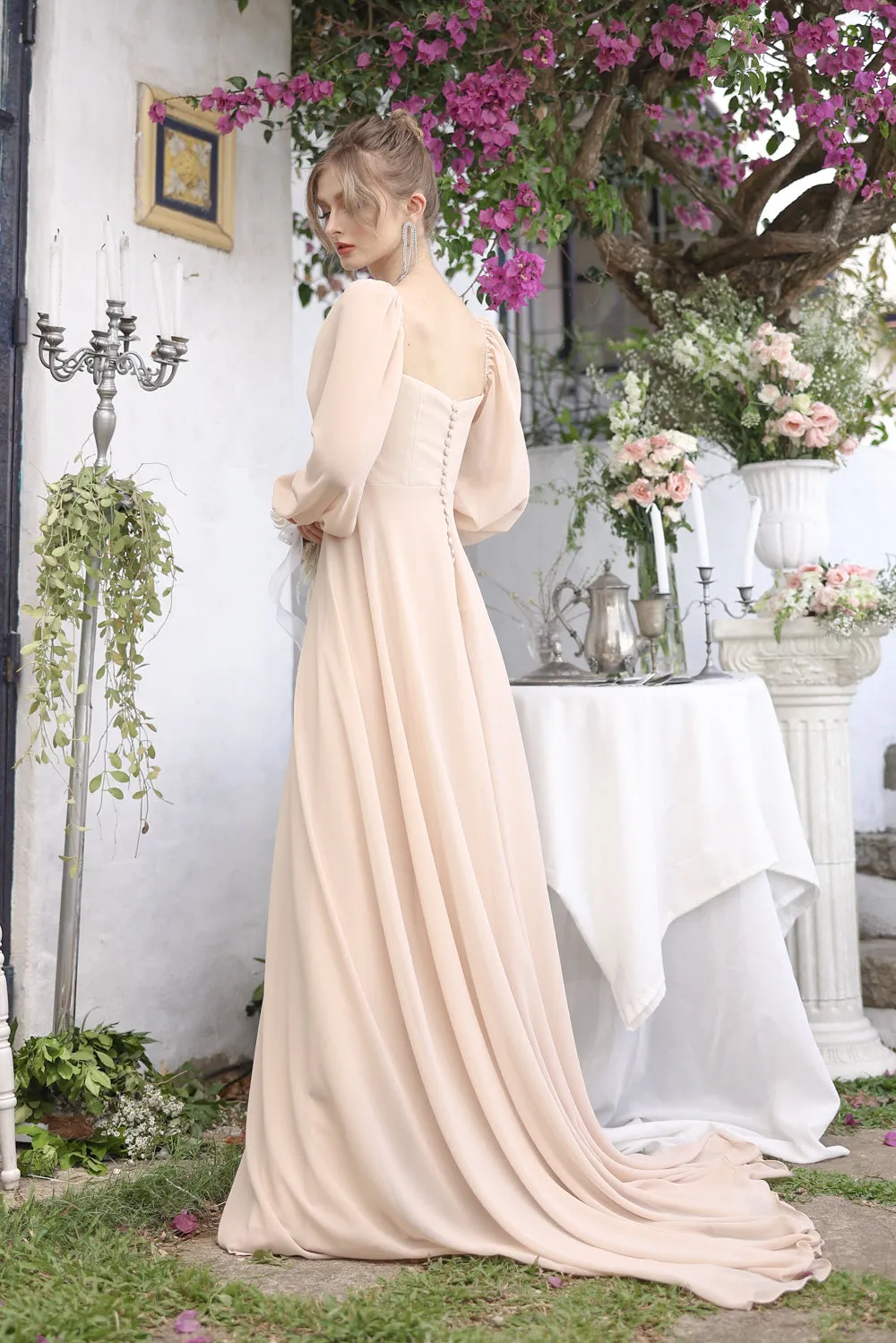 SIENNA Full Sleeve Chiffon Maxi Dress with Trail and Covered Button Back Detail (Beige Chiffon)