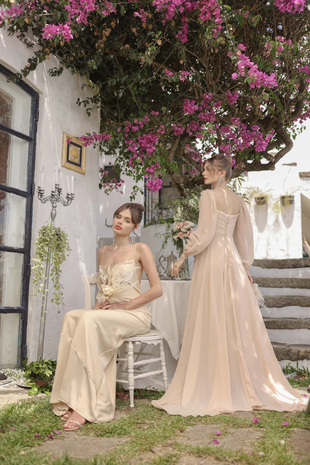 SIENNA Full Sleeve Chiffon Maxi Dress with Trail and Covered Button Back Detail (Beige Chiffon)