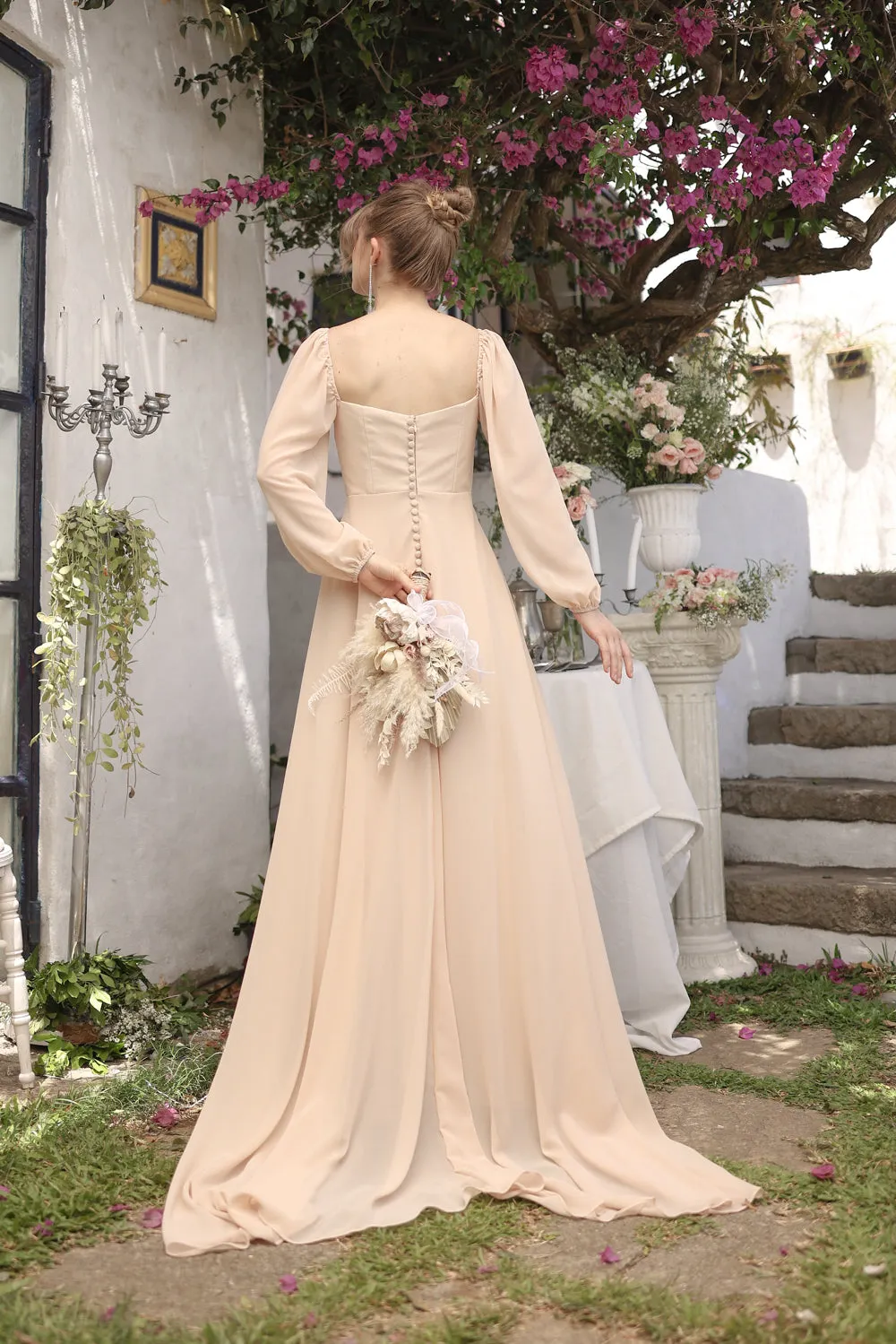 SIENNA Full Sleeve Chiffon Maxi Dress with Trail and Covered Button Back Detail (Beige Chiffon)