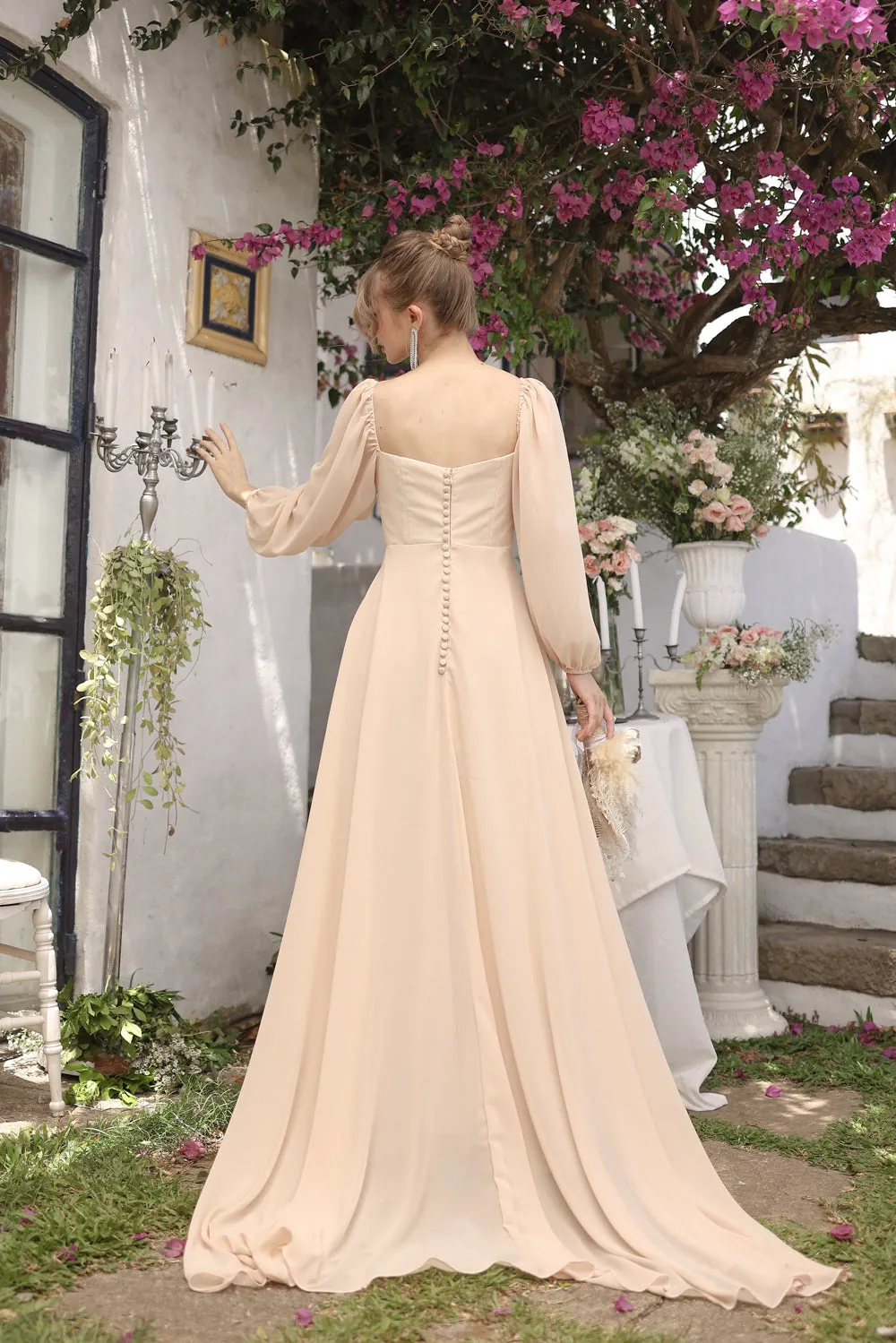 SIENNA Full Sleeve Chiffon Maxi Dress with Trail and Covered Button Back Detail (Beige Chiffon)