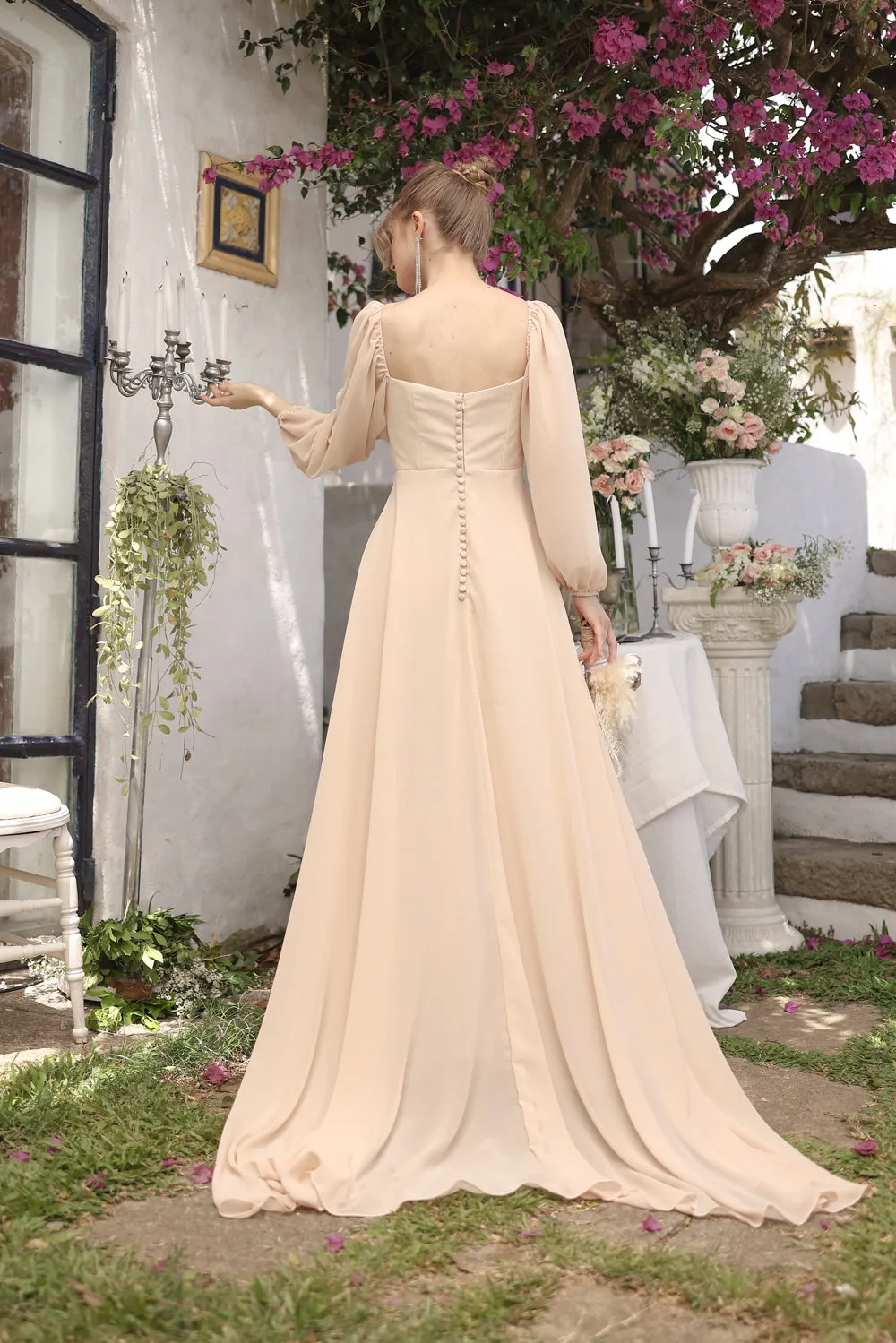 SIENNA Full Sleeve Chiffon Maxi Dress with Trail and Covered Button Back Detail (Beige Chiffon)