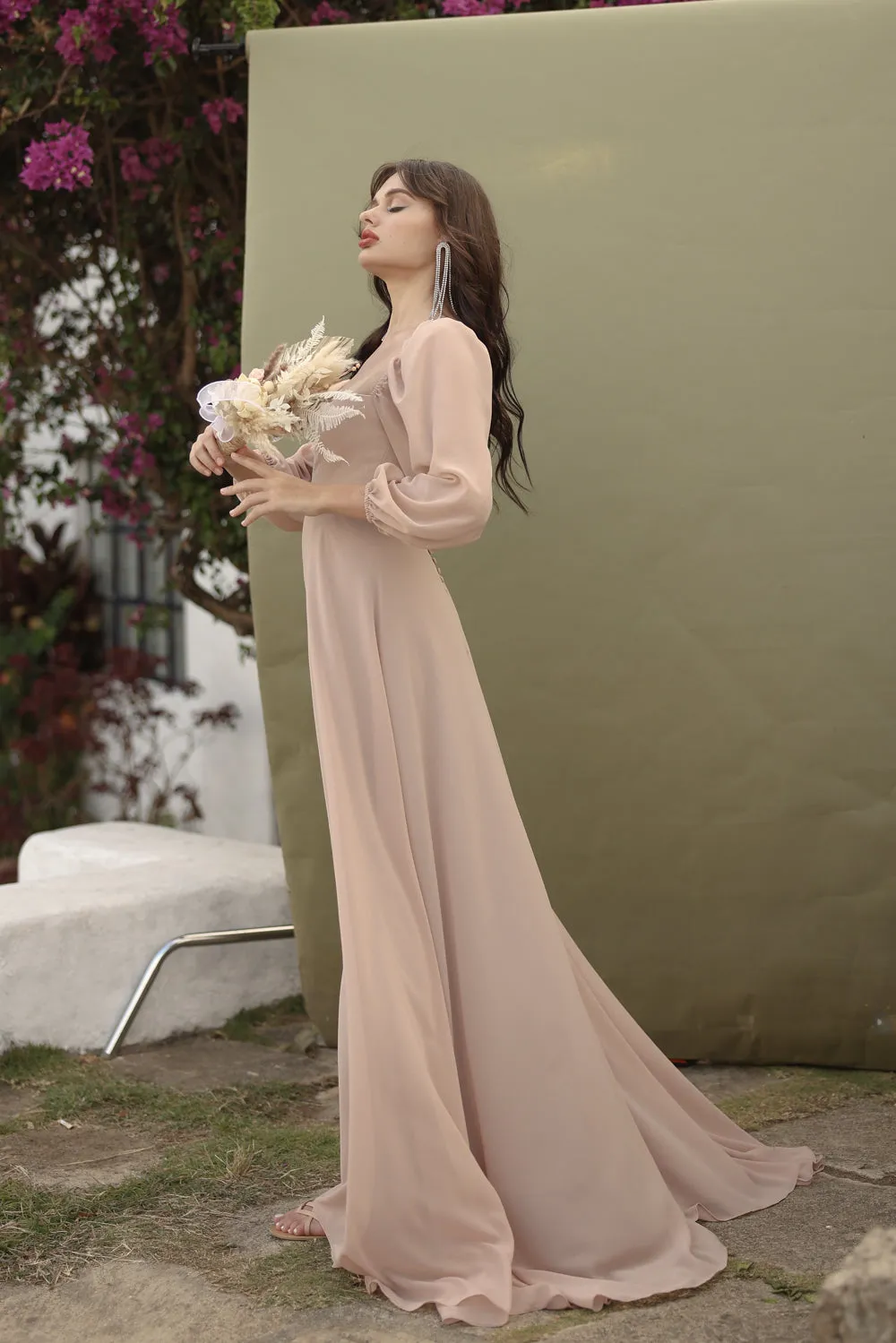 SIENNA Full Sleeve Chiffon Maxi Dress with Trail and Covered Button Back Detail (Nude Chiffon)