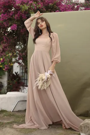 SIENNA Full Sleeve Chiffon Maxi Dress with Trail and Covered Button Back Detail (Nude Chiffon)