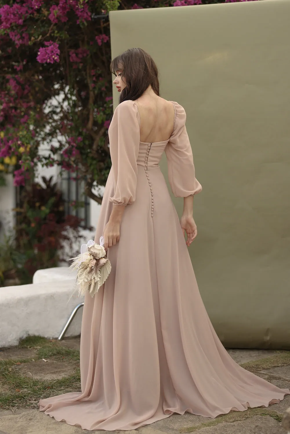 SIENNA Full Sleeve Chiffon Maxi Dress with Trail and Covered Button Back Detail (Nude Chiffon)
