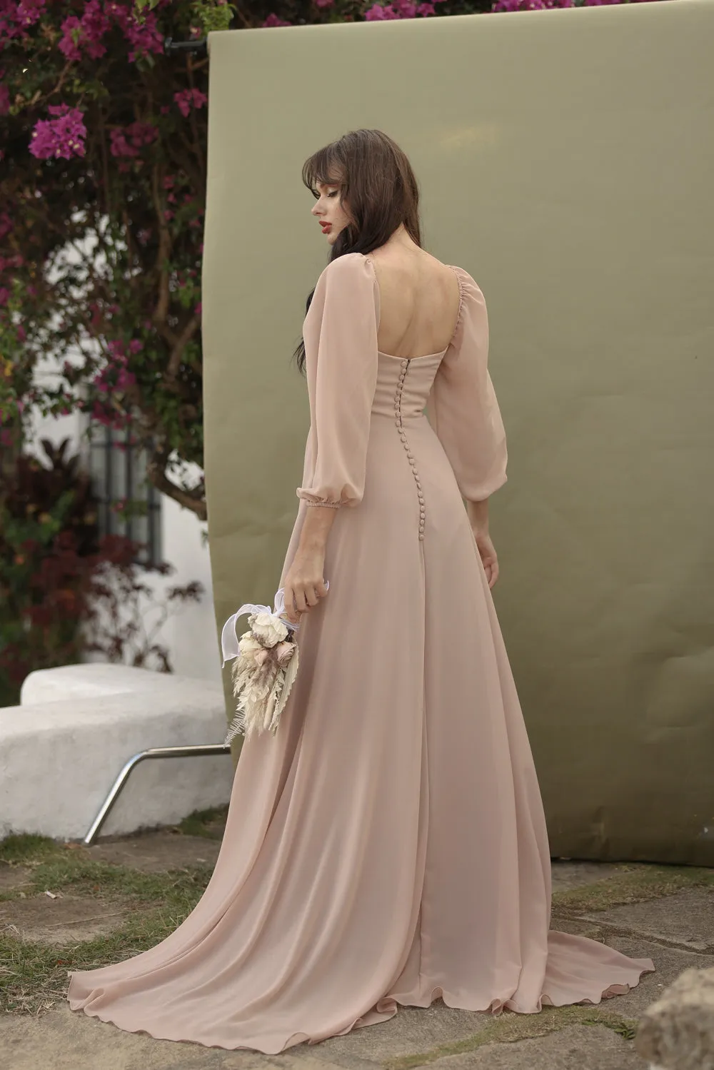 SIENNA Full Sleeve Chiffon Maxi Dress with Trail and Covered Button Back Detail (Nude Chiffon)
