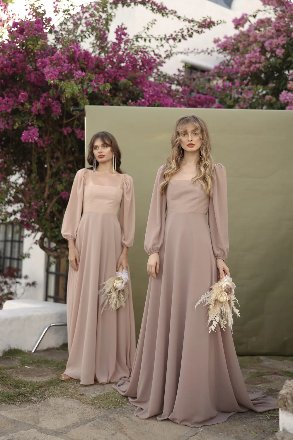 SIENNA Full Sleeve Chiffon Maxi Dress with Trail and Covered Button Back Detail (Nude Chiffon)