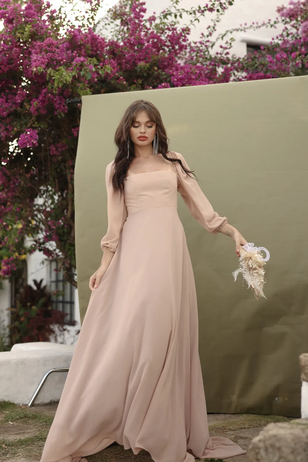 SIENNA Full Sleeve Chiffon Maxi Dress with Trail and Covered Button Back Detail (Nude Chiffon)