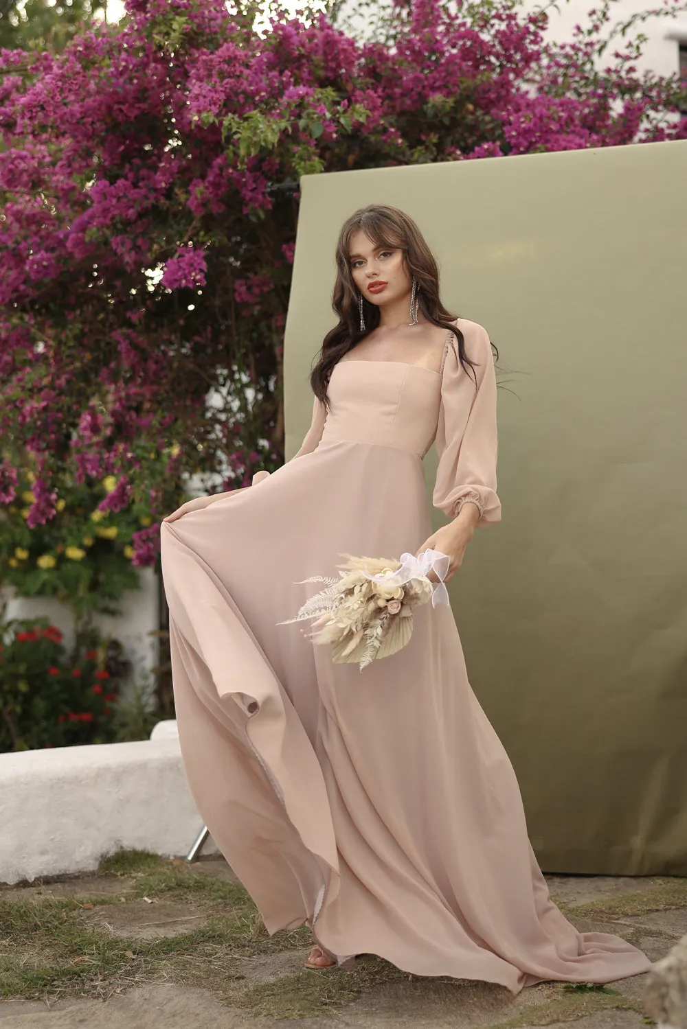 SIENNA Full Sleeve Chiffon Maxi Dress with Trail and Covered Button Back Detail (Nude Chiffon)