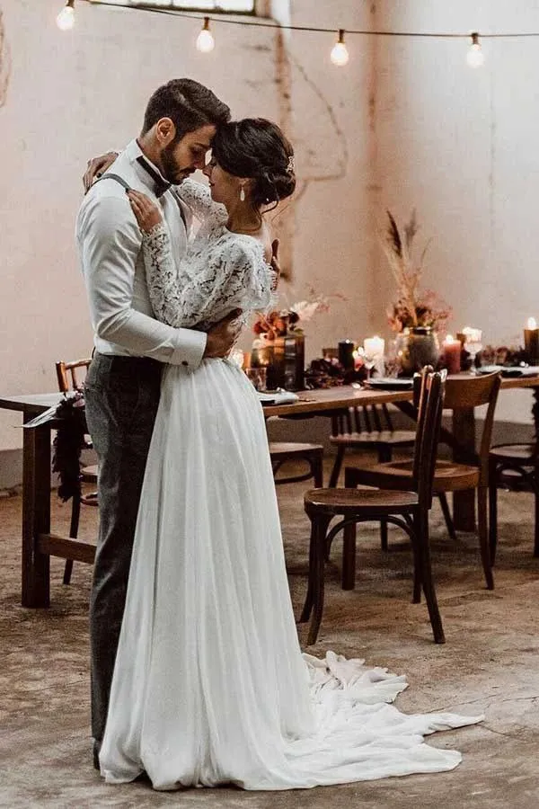 Simple A-line Two-piece Bateau Long Sleeves Lace Wedding Dresses, MW560