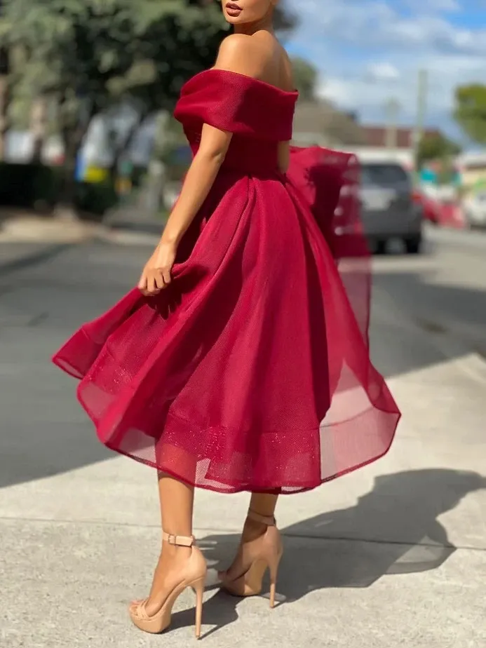 Simple Burgundy Tulle Off Shoulder Prom Dresses,  Burgundy Tulle Off Shoulder Formal Evening Dresses