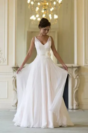 Simple Chiffon A-line V-neck Sleeveless Floor Length Beach Wedding Dresses, MW800
