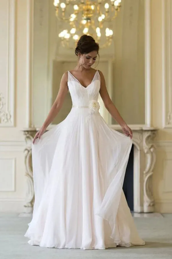 Simple Chiffon A-line V-neck Sleeveless Floor Length Beach Wedding Dresses, MW800