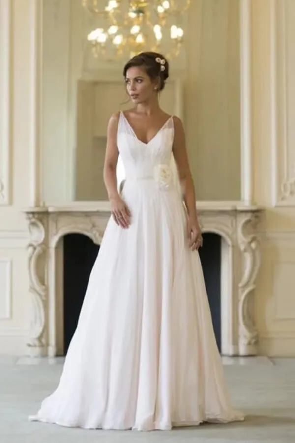 Simple Chiffon A-line V-neck Sleeveless Floor Length Beach Wedding Dresses, MW800