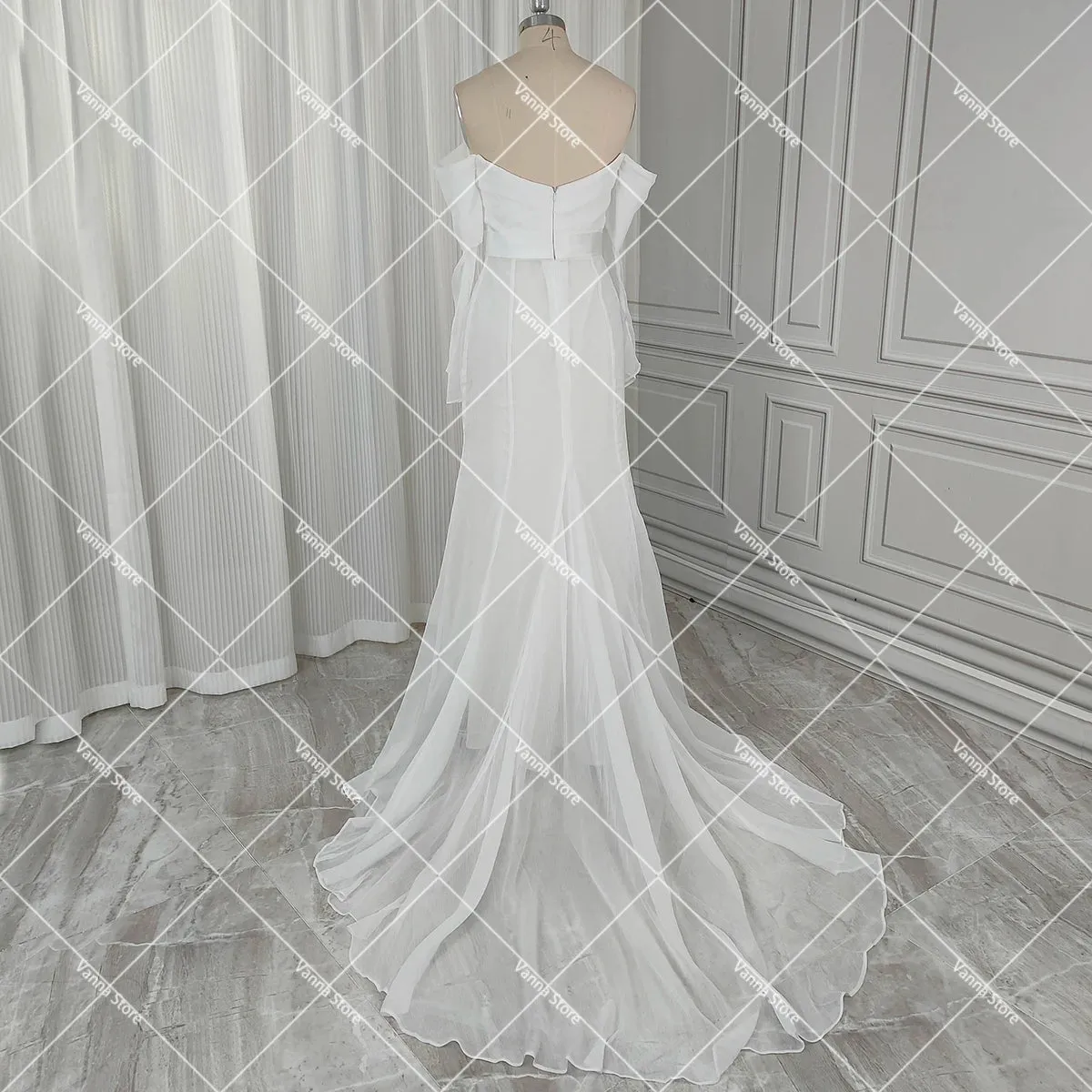 Simple Gauze Straight Off Shoulder Long Sleeves Wedding Dress Customized See Through Belted Soft Thin Plus Size Bridal Gowns