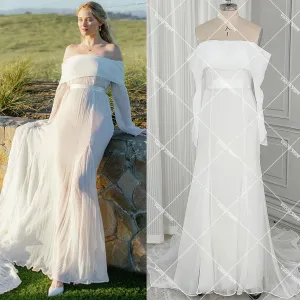 Simple Gauze Straight Off Shoulder Long Sleeves Wedding Dress Customized See Through Belted Soft Thin Plus Size Bridal Gowns